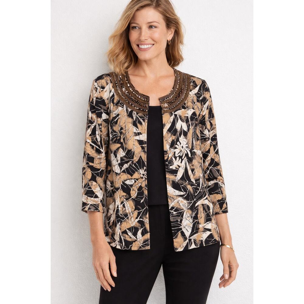 Chico’s Beaded Collar Blazer Jacket Sz 3 Floral Open Front 3/4 Sleeve